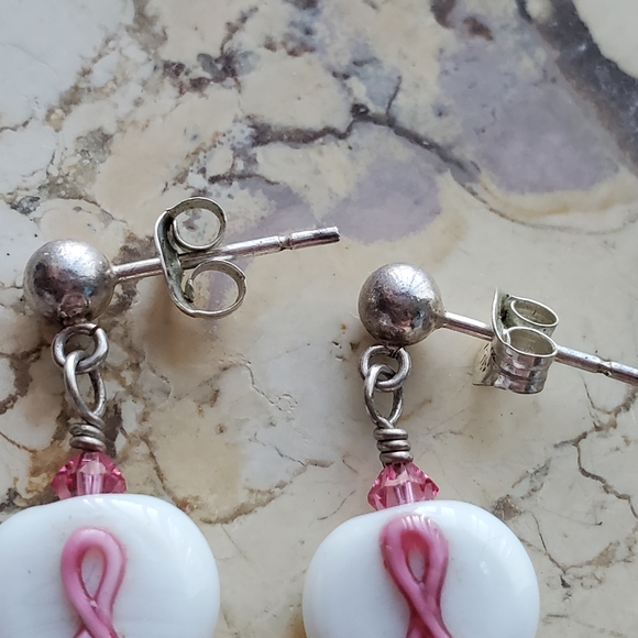 Sterling Silver 925 Pink Ribbon Heart Drop Earrings - Picture 5 of 8